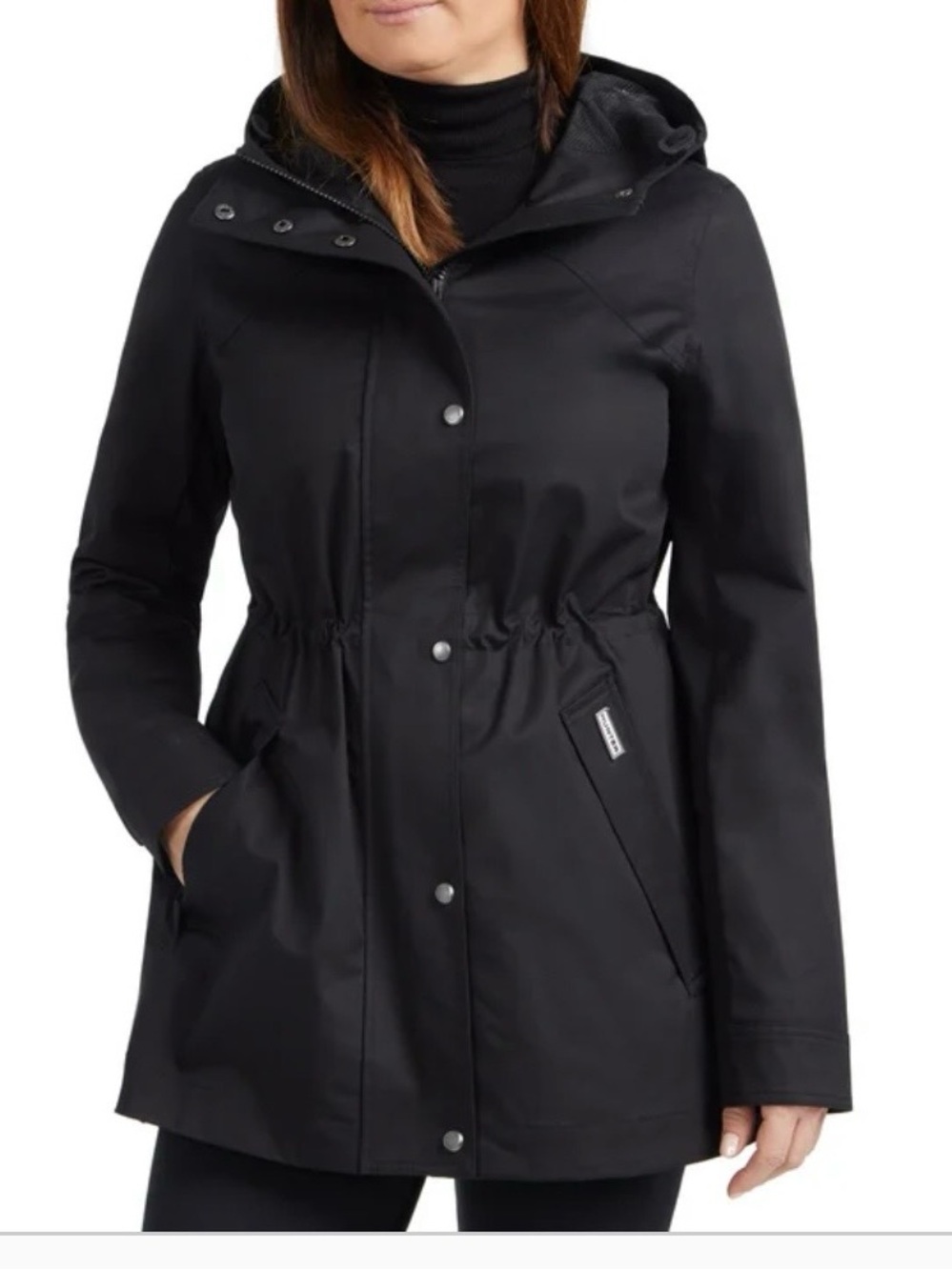 Hunter Black Hooded Trench Coat, size S